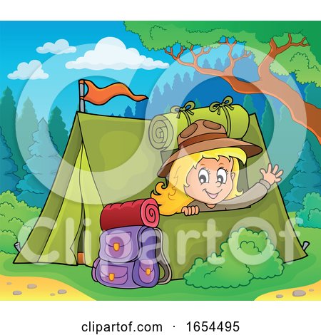 Girl Camping and Waving from Her Tent by visekart