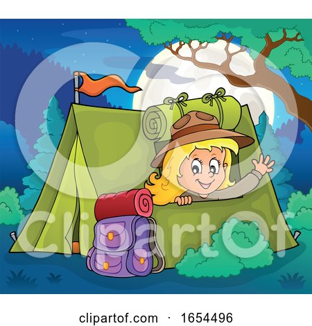 Girl Camping and Waving from Her Tent by visekart