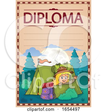 Diploma with a Girl Camping and Waving from Her Tent by visekart