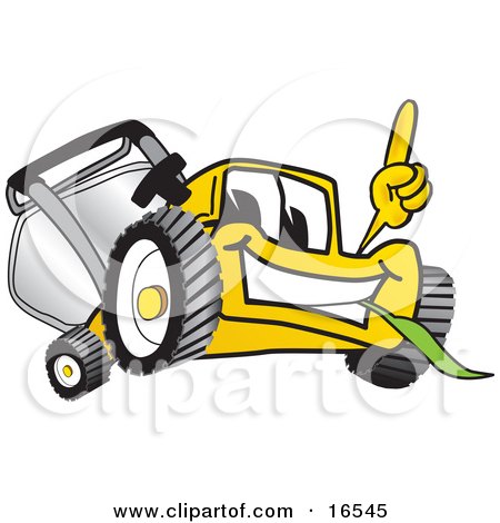 Clipart Picture of a Yellow Lawn Mower Mascot Cartoon Character Pointing Upwards by Mascot Junction