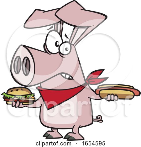 Cartoon Pig Holding a Hot Dog and Cheeseburger by toonaday