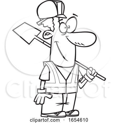 Cartoon Lineart Black Construction Worker Man with a Shovel by toonaday