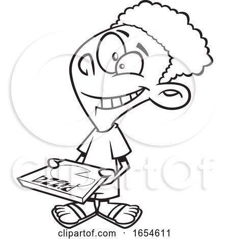 Cartoon Lineart Black Boy Carrying a Pizza Box by toonaday