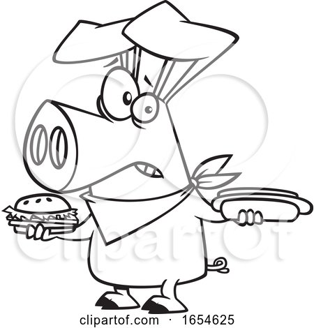Cartoon Lineart Pig Holding a Hot Dog and Cheeseburger by toonaday
