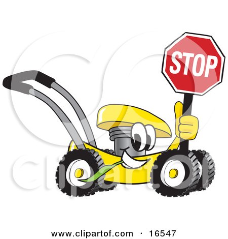 Clipart Picture of a Yellow Lawn Mower Mascot Cartoon Character Holding a Stop Sign  by Mascot Junction