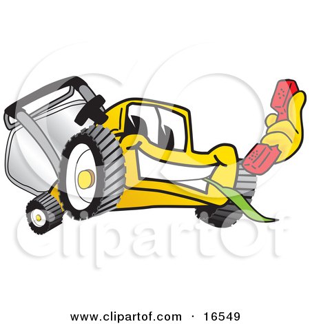 Clipart Picture of a Yellow Lawn Mower Mascot Cartoon Character Holding a Red Telephone by Mascot Junction