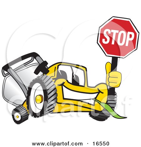 Clipart Picture of a Yellow Lawn Mower Mascot Cartoon Character Facing Front and Holding a Stop Sign by Mascot Junction