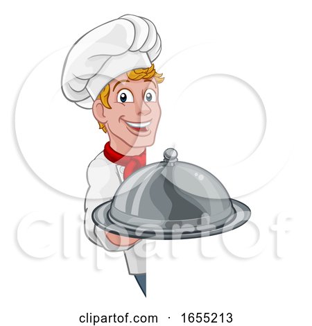 Chef Holding Plate Platter Sign Cartoon by AtStockIllustration