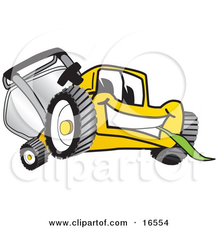 Clipart Picture of a Yellow Lawn Mower Mascot Cartoon Character Facing Front and Chewing on a Blade of Grass by Mascot Junction
