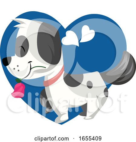 Black and White Dog Holding a Pink Rose in His Mouth Vector Illustration in Blue Heart on White Background. by Morphart Creations