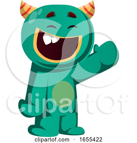 Happy Green Monster Is Waving to You Vector Illustration by Morphart Creations