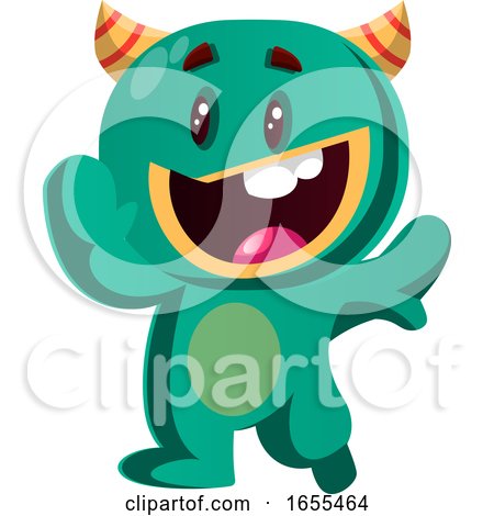 Happy Green Monster Waving Vector Illustration by Morphart Creations