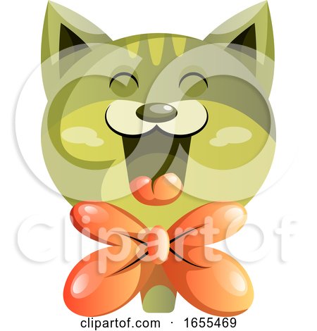 Happy Green Cat with Orange Bowtie Vector Illustration by Morphart Creations