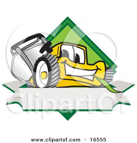 Clipart Picture of a Yellow Lawn Mower Mascot Cartoon Character Facing Front on a Diamond Shaped Logo With a Blank White Banner by Toons4Biz