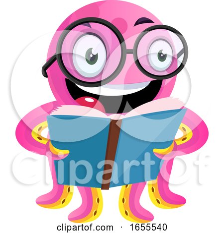 Happy Geek Octopus Reading a Book Illustration Vector by Morphart Creations