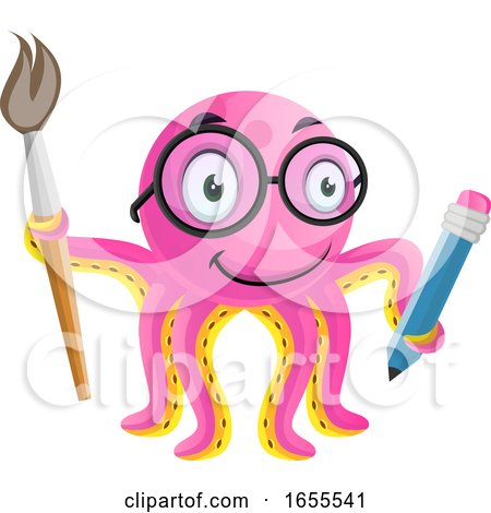 Artistic Octopus with Pencil and Brush in Hand Illustration Vector by Morphart Creations