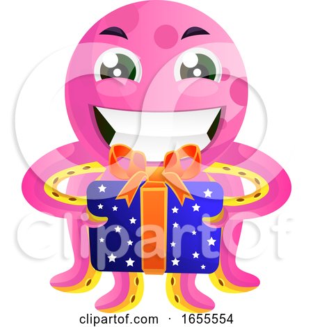 Pink Octopus with a Present Illustration Vector by Morphart Creations