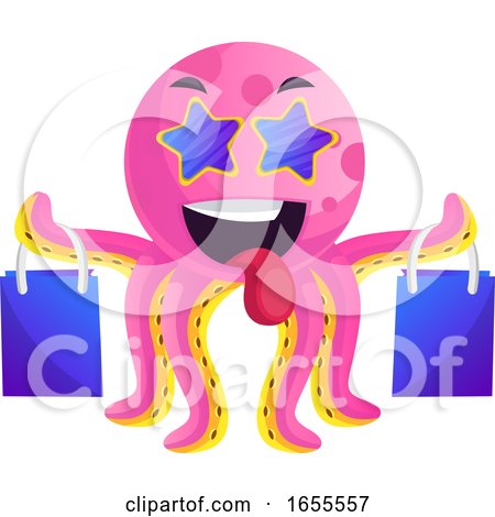 Pink Octopus with Shoping Bags Illustration Vector by Morphart Creations