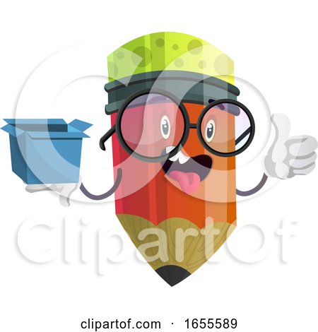 Red Pencil Holding Blue Box and Sticking His Tongue out Illustration Vector by Morphart Creations
