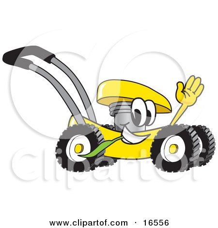 Clipart Picture of a Yellow Lawn Mower Mascot Cartoon Character Passing by and Waving by Mascot Junction