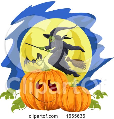 Vector of Halloween Pumpkin and Flying Witch Against Moonlight by Morphart Creations