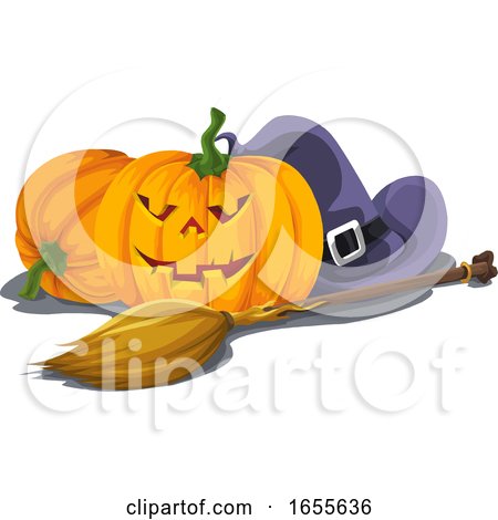 Vector of Halloween Pumpkin with Witch Hat and Broomstick by Morphart Creations