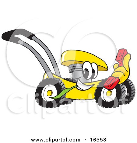 Clipart Picture of a Yellow Lawn Mower Mascot Cartoon Character Passing by With a Red Telephone by Mascot Junction