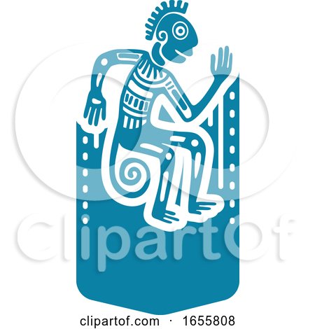 Teal Mayan Aztec Hieroglyph Art of a Tribal Man Monkey or God by Vector Tradition SM
