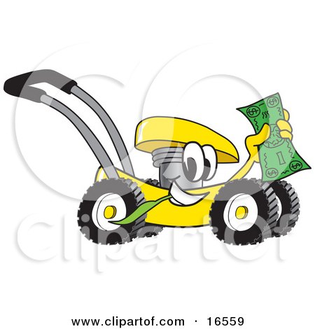 Clipart Picture of a Yellow Lawn Mower Mascot Cartoon Character Passing by and Waving Cash in the Air by Mascot Junction
