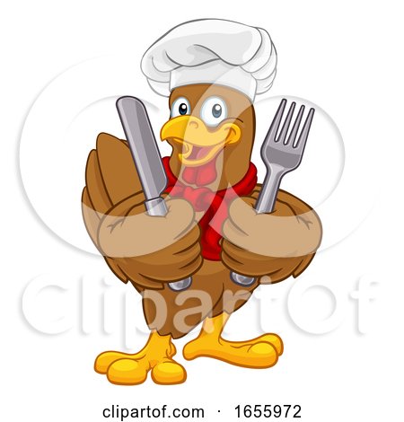 Chicken Chef Rooster Cockerel Knife Fork Cartoon by AtStockIllustration