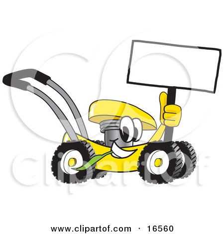 Clipart Picture of a Yellow Lawn Mower Mascot Cartoon Character Passing by and Holding a Blank Sign by Mascot Junction