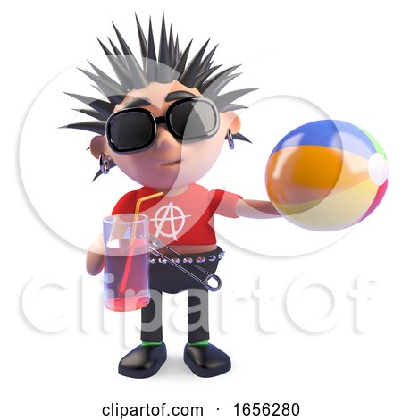 Funny Punk Rocker Is on Holiday with His Beach Ball and Drink by Steve Young