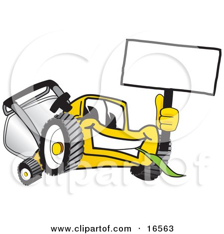 Clipart Picture of a Yellow Lawn Mower Mascot Cartoon Character Waving a Blank Sign by Mascot Junction