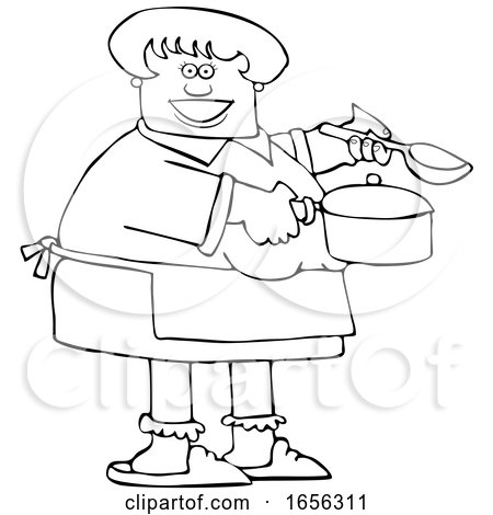 Cartoon Happy Black and White Woman Holding a Spoon and Soup Pot by djart