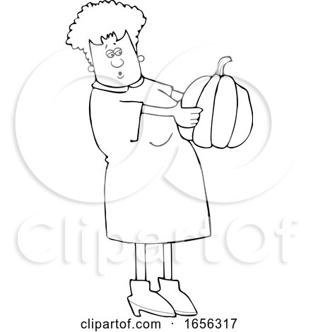 Cartoon Black and White Woman Holding and Looking at a Pumpkin by djart