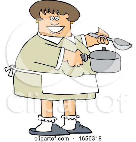 Cartoon Happy Caucasian Woman Holding a Spoon and Soup Pot by djart