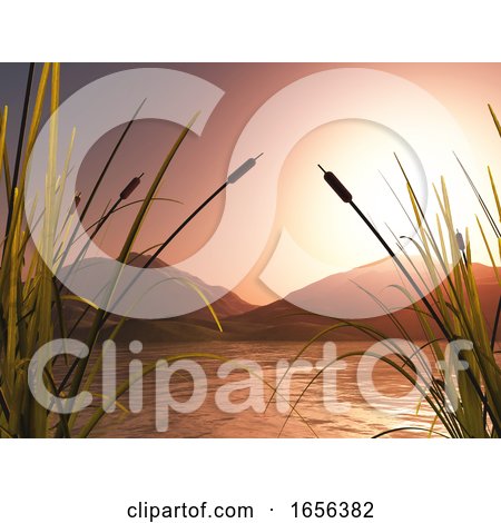 3D Landscape with Reeds Against Sunset Mountains by KJ Pargeter