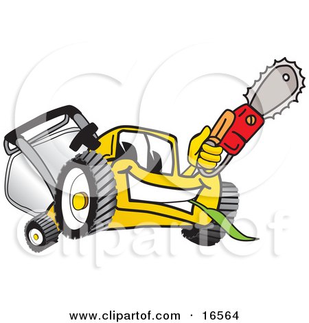Clipart Picture of a Yellow Lawn Mower Mascot Cartoon Character Holding up a Saw by Mascot Junction