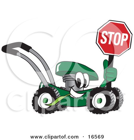 Clipart Picture of a Green Lawn Mower Mascot Cartoon Character Passing by and Holding a Stop Sign  by Mascot Junction