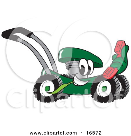 Clipart Picture of a Green Lawn Mower Mascot Cartoon Character Passing by and Holding Out a Red Telephone by Mascot Junction