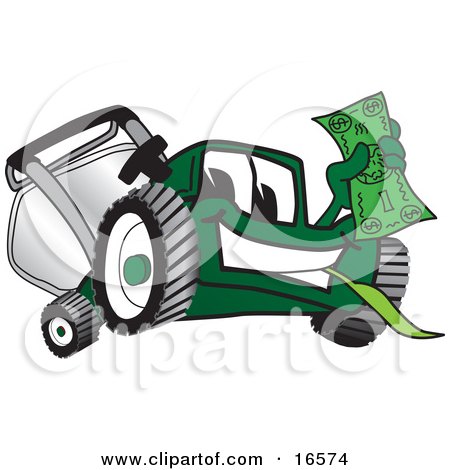 Clipart Picture of a Green Lawn Mower Mascot Cartoon Character Waving a Dollar Bill by Mascot Junction
