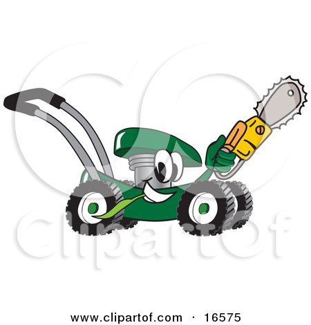 Clipart Picture of a Green Lawn Mower Mascot Cartoon Character Passing by With a Saw by Toons4Biz