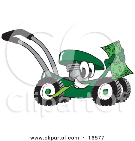Clipart Picture of a Green Lawn Mower Mascot Cartoon Character Passing by and Waving a Dollar Bill by Toons4Biz