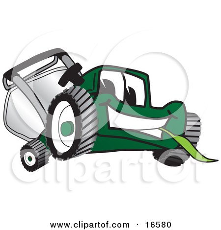 Clipart Picture of a Green Lawn Mower Mascot Cartoon Character Facing Front and Eating Grass by Mascot Junction