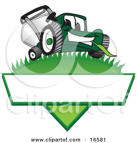 Clipart Picture of a Green Lawn Mower Mascot Cartoon Character on a Logo by Mascot Junction