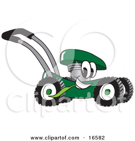 Clipart Picture of a Green Lawn Mower Mascot Cartoon Character Passing by and Eating Grass by Toons4Biz