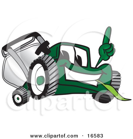 Clipart Picture of a Green Lawn Mower Mascot Cartoon Character Facing Front and Pointing Up by Toons4Biz