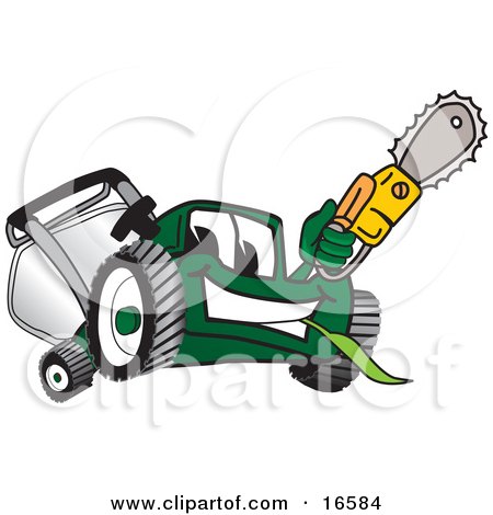 Clipart Picture of a Green Lawn Mower Mascot Cartoon Character Holding up a Saw by Mascot Junction