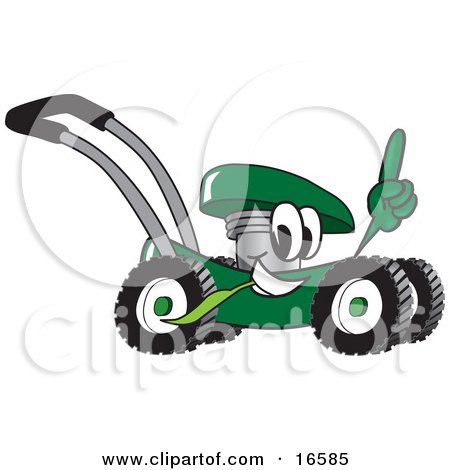 Clipart Picture of a Green Lawn Mower Mascot Cartoon Character Passing by and Pointing Upwards by Toons4Biz