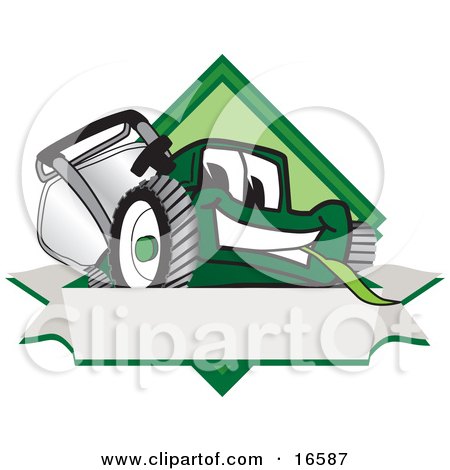 Clipart Picture of a Green Lawn Mower Mascot Cartoon Character on a Blank Label by Toons4Biz